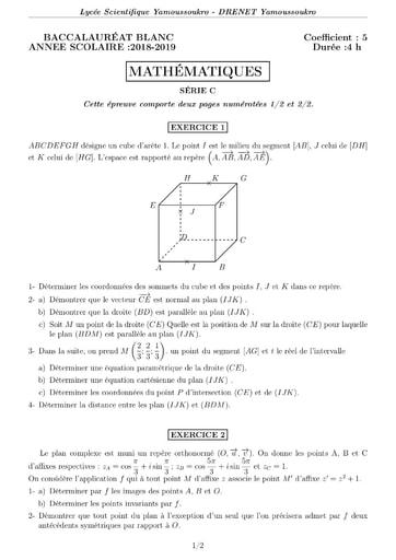 BAC BLANC LYCEE SCIENTIFIQUE DE YAMOUSSOUKRO Tle C 2018-2019