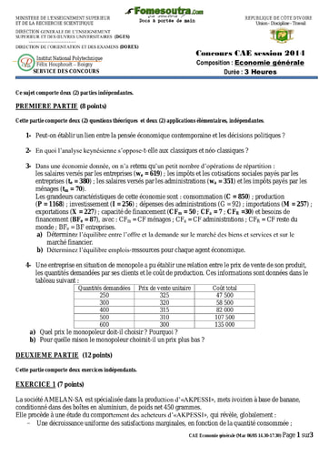 Sujet de Economie générale concours CAE 2014