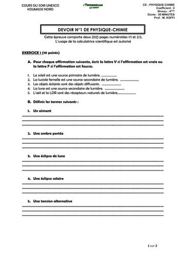 DEVOIR DE PC 4ième COURS DU SOIR UNESCO KOUMASSI 2026 BY TEHUA