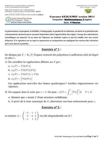 Sujet de Mathématique 3 concours GE2I/GMEC 2014