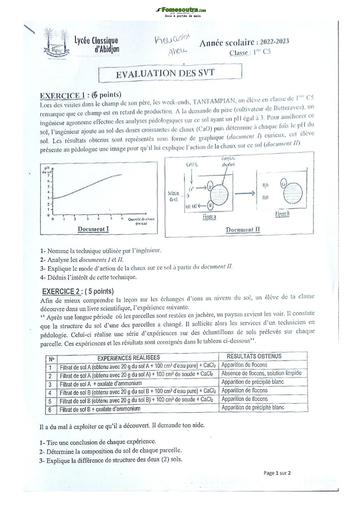 Sujets de SVT Première C Lycée Classique Abidjan  2023