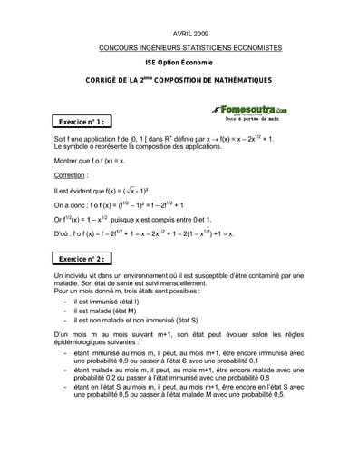 Corrigé 2ème épreuve de maths ISE option économie 2009 (ENSEA - ISSEA)