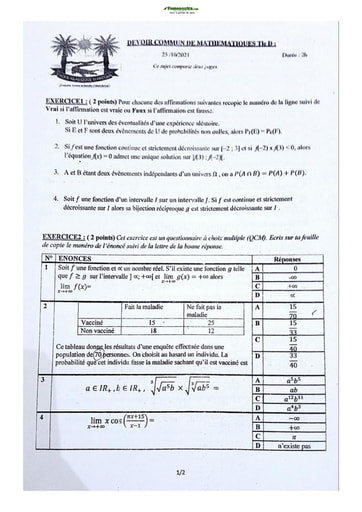 Sujet de Mathématiques Terminale D Lycée Classique Abidjan 2022