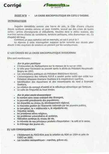 Sujet Corrigé de Dissertation: La crise sociopolitique en Cote d'Ivoire