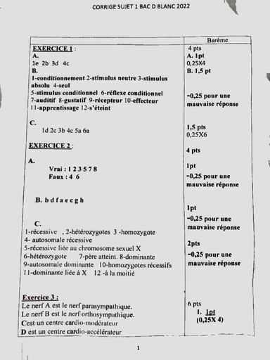 Corrigé et barème SVT TLE D bac blanc Abidjan 1 2022