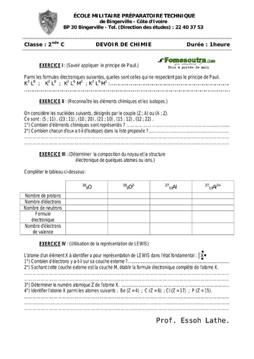 Devoir (24) de Chimie 2nde C - EMPT Bingerville
