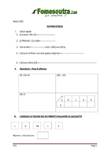 Mathématique 1 niveau CE1