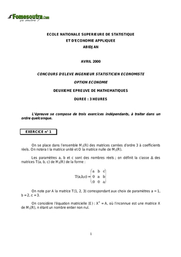 Sujet 2ème épreuve de maths ISE option économie 2000 (ENSEA)