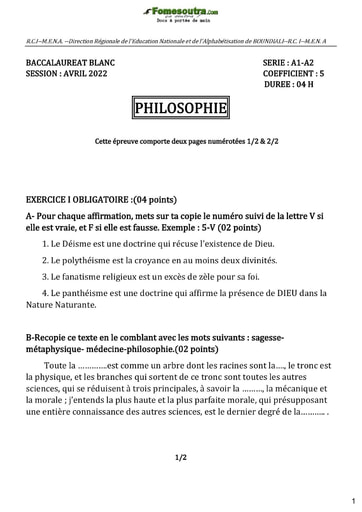 Tous les sujets du BAC blanc série A Direction Régionale Boundiali - Session Avril 2022