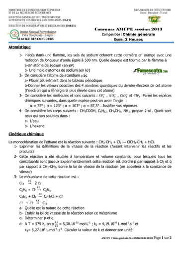 Sujet de Chimie générale concours AMCPE 2013