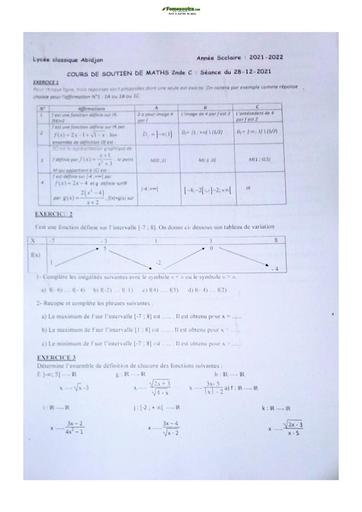 Sujet de Mathématiques Seconde C Lycée Classique Abidjan 2021-2022