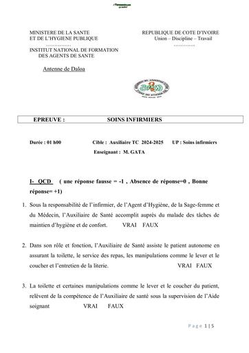 INFAS EVALUATION SOINS INFIRMIER AUXILIAIRE 1A 2025  DEVOIIR DE GROUPE DALOA BY TEHUA