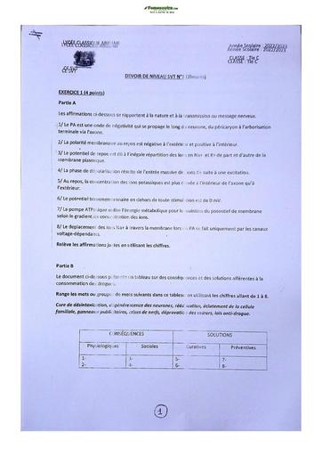 Sujet SVT Terminale C 2022-2023 Lycée Classique Abidjan