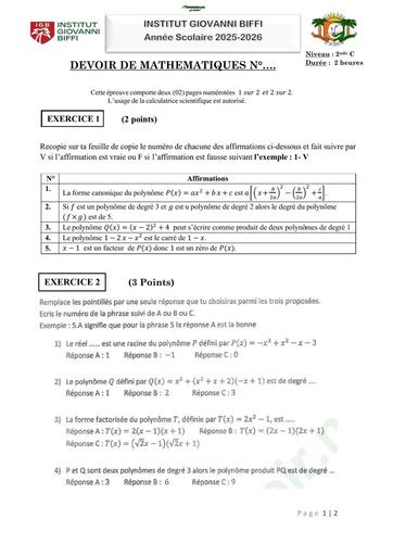 DEVOIR DE MATHS N°1 2nde C (FONCTIONS POLY ET RATIONN) INSTITUT GIOVANNI BIFFI Octobre 2025 by TEHUA