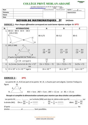 DEVOIR de MATHS niveau 3ième THALES BY TEHUA