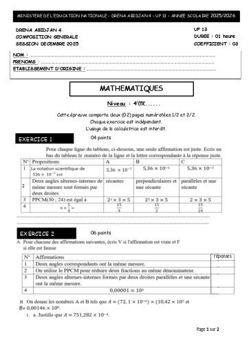 COMPOSITION GENERALE SESSION DECEMBRE 2025 MATHS 4ième SUJET en WORD