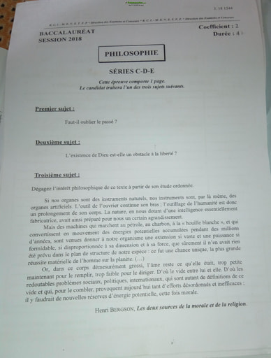 Sujet corrigé et barème de Philosophie BAC C D et E 2018