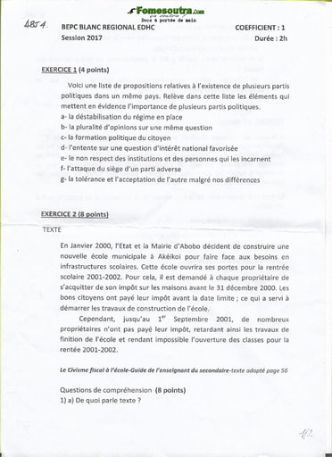 Sujet EDHC BEPC blanc 2017 - DREN Abidjan 4