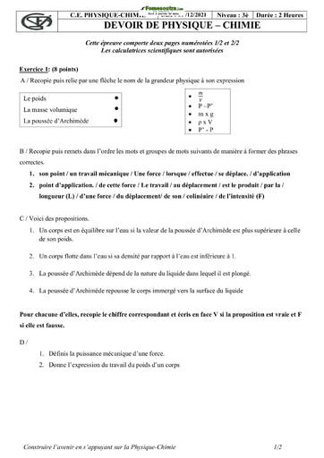 DEVOIR DE Physique-Chimie Niveau 3ème Collège Sainte Foi Abidjan 2022