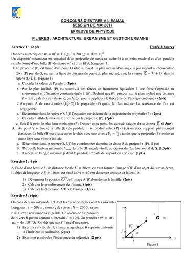 CONCOURS D’ENTREE A L’EAMAU Physique 2017