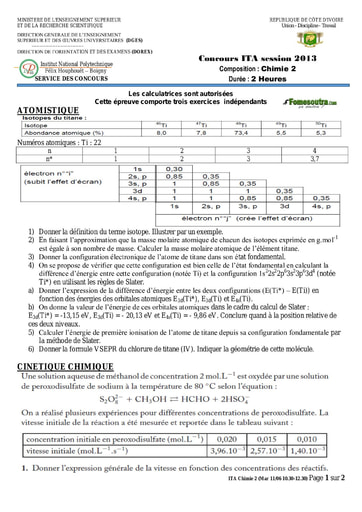 Sujet de Chimie 2 concours ITA 2013