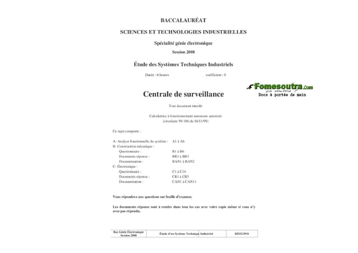 Présentation du Sujet Centrale de surveillance - Étude des Systèmes Industriels - BAC 2008