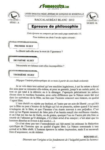 Sujet de Philo BAC blanc 2012 série A Lycée Garçons de Bingerville