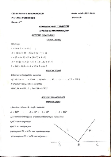 Devoir de mathématiques 6ième Collège d'enseignement général de Koudougou 2021 2022