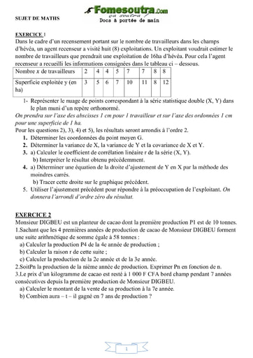 Devoir de Mathématiques Terminale D Groupe Scolaire Sainte Foi