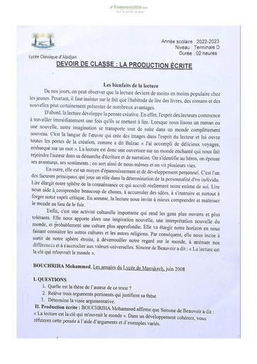 Sujet Prépa Français Lycée Classique Abidjan 2023