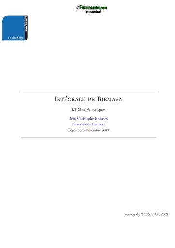 MATHS SUP COURS D'ANALYSE SUR INTEGRALE DE RIEMANN BY TEHUA
