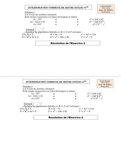 Interrogation écrite Maths 4ième troisième trimestre by Tehua