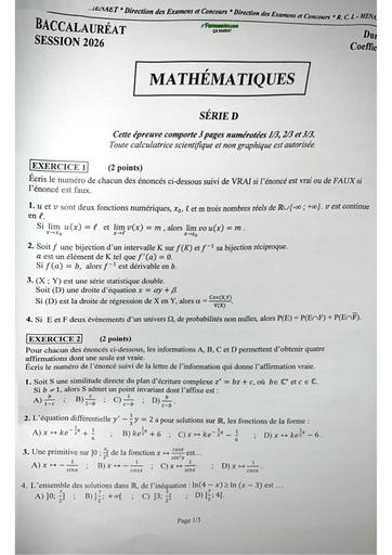 Bac 2026 Sujet Maths série D vrai sujet By Tehua
