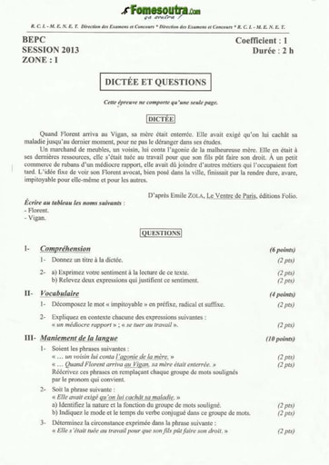 Sujet de dictée et questions BEPC 2013 Zone 1