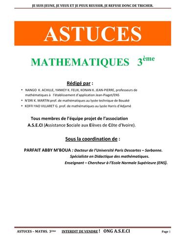 ASTUCE 3ème BEPC MATHS (Anciens sujets corrigés pour prepa BEPC) by TEHUA