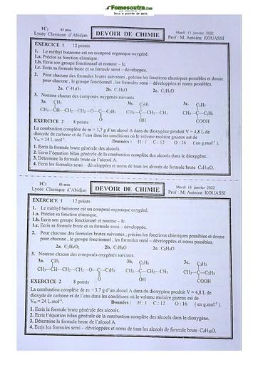 Sujet de Physique-Chimie Première C Lycée Classique Abidjan 2021-2022