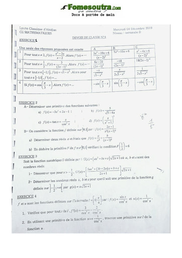 Collection de Sujets de Mathématiques Lycée Classique 2019