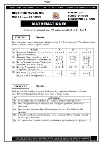 DEVOIR DE MATHS NIVEAU 3ième N°3 (Equation d'une droite  Statistique 2025 2026) BY TEHUA