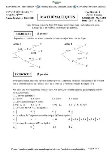 DEVOIR DE NIVEAU MATHS Tle D TRIMESTRE 1 PROBABILITES BOCABO BY TEHUA