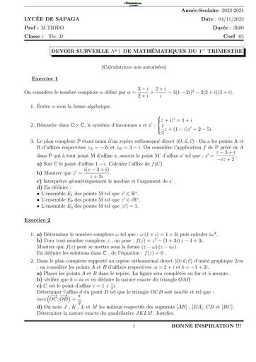 DEVOIR DE MATHS NIVEAU Tle D Trimestre 1 LS BY TEHUA