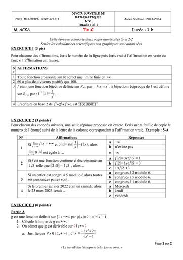 DEVOIR N°2 MATHS Tle C Trimestre 1 LYCEE MUNICIPAL DE PORT BOUET BY TEHUA