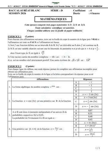 BAC blanc 2026 Maths serie D Drena Grand Bassam sujet+barème By TEHUA
