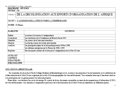 TH2 H2 TLE L’ACCESSION DE LA CÔTE D’IVOIRE A L’INDEPENDANCE
