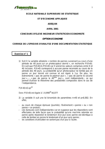 Corrigé Analyse d'une documentation statistique ISE option économie 2001 (ENSEA)