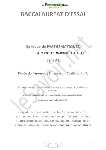 PREPA BAC 2025 MATHS SERIE A1 SUJET 16 BY TEHUA