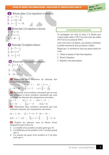 Fiche 2 RENFO 4ième EQUATIONS ET INEQUATIONS DANS Q by TEHUA