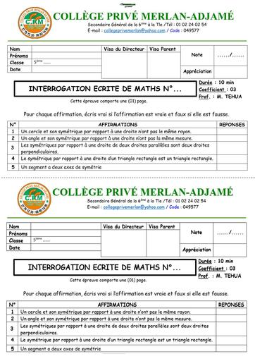 INTERROGATION ECRITE N°1 MATHS NIVEAU 5ième (FIGURES SYMÉTRIQUES PAR RAPPORT À UNE DROITE) BY TEHUA