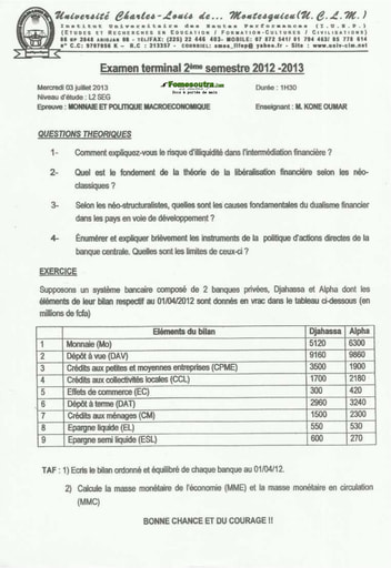 Sujet Monnaie et Politique Macroéconomique (2) niveau Licence - Université Charles - Louis de Montesquieu