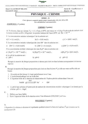 BAC blanc 2023 PC serie D Drena Grand Bassam sujet+Barème By TEHUA