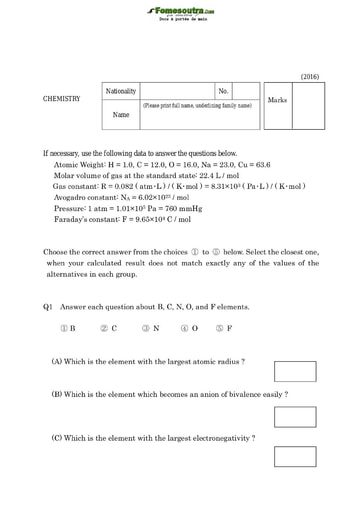 Sujet de Chemistry pour les Bourses d'étude au Japon niveau College of Technology Students - année 2016